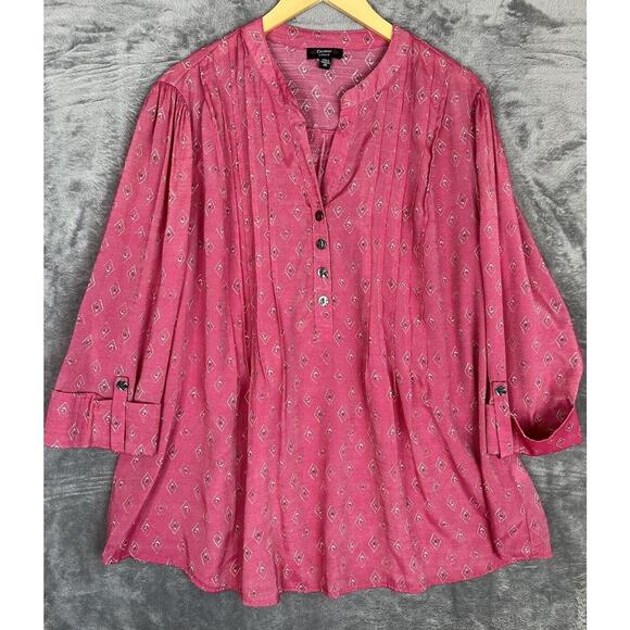 Cocomo Tops - Cocomo Womens Blouse Top Size 2X Pink Geometric 3/4 Sleeve Roll Tab V-Neck